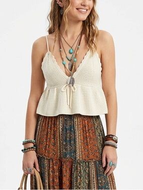 Cream Knit Spaghetti-Strap Cropped Tank Top